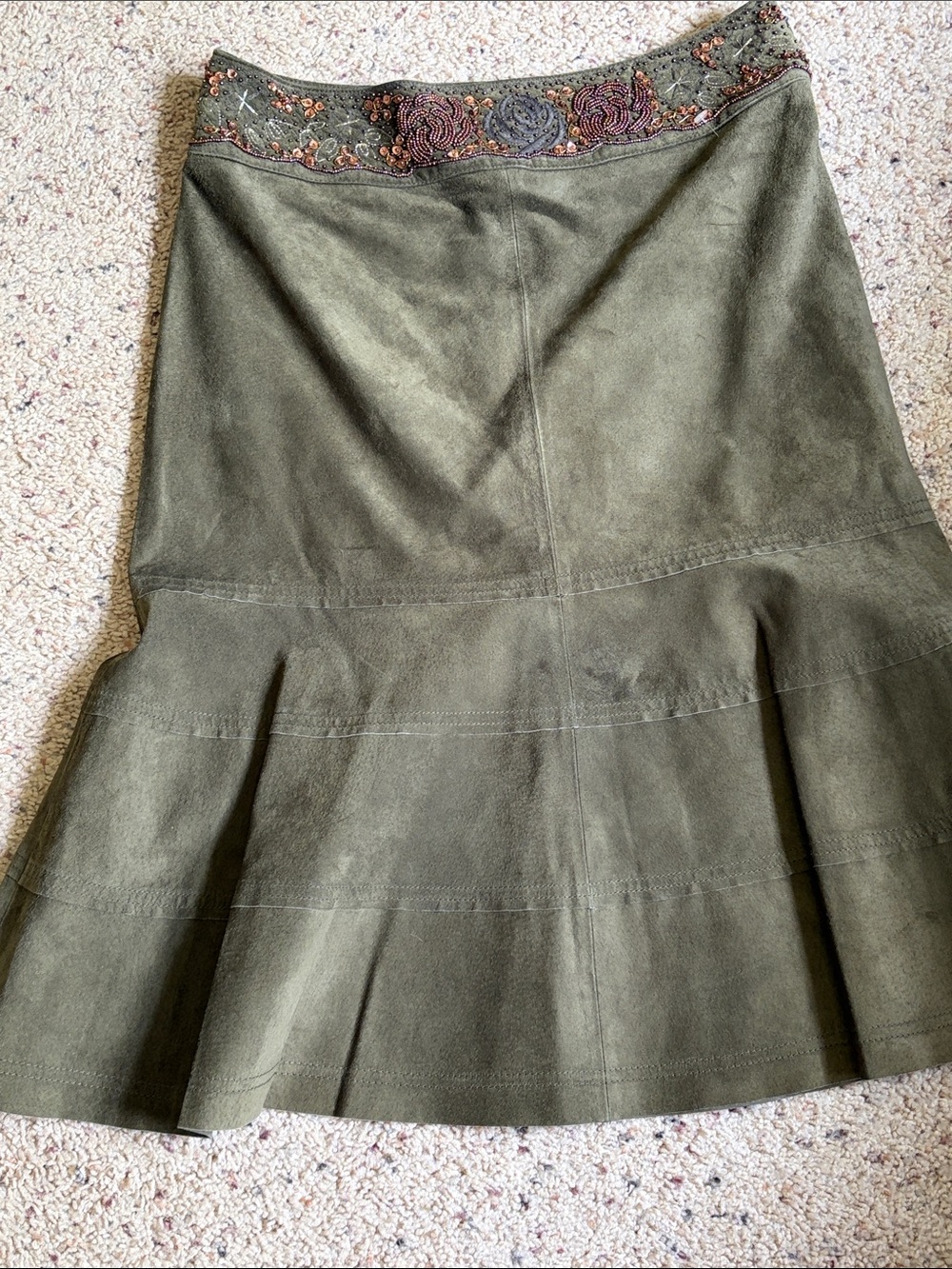 Lillie Rubin Olive Suede Flared Skirt with Embroidered Waistband